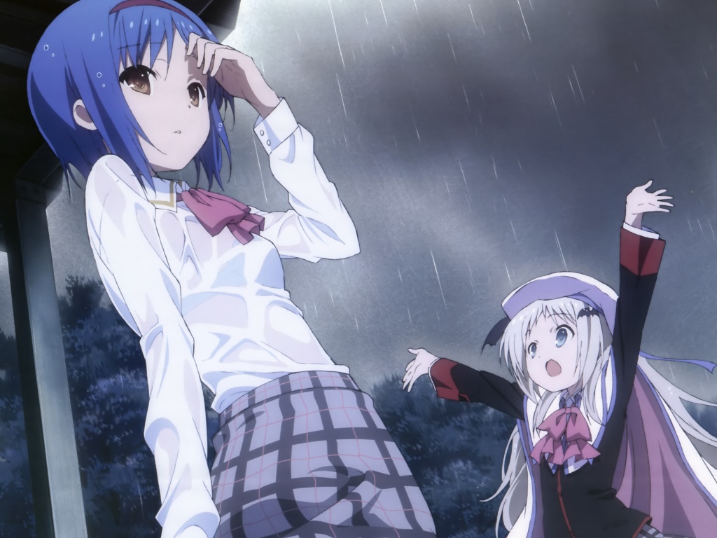 Аниме девушки Маленькие проказники под дождем