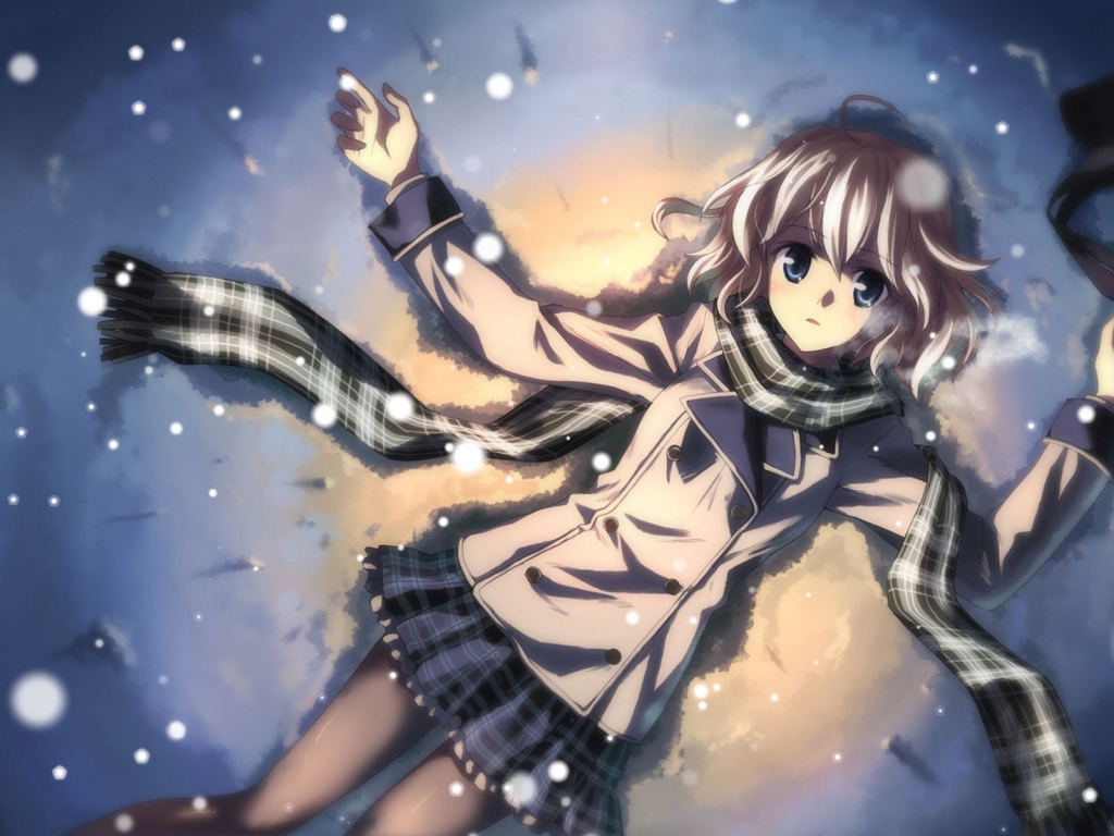 Аниме девушка Тацуя Юкки лежит на снегу