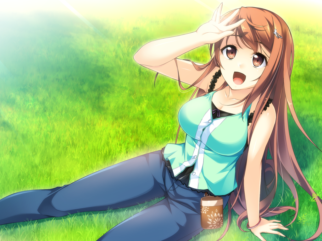 Аниме девушка шатенка сидит на газоне