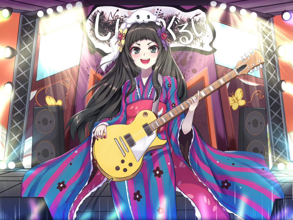 Девушка аниме в кимоно с гитарой