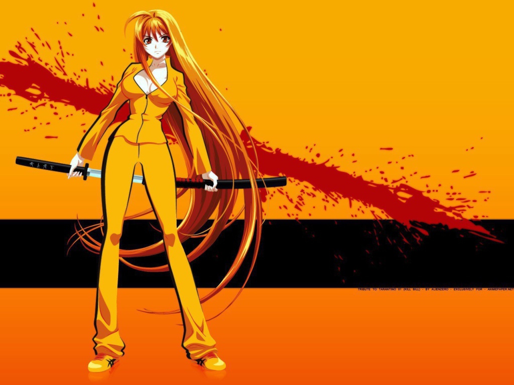 Аниме девушка на оранжевом фоне с катаной