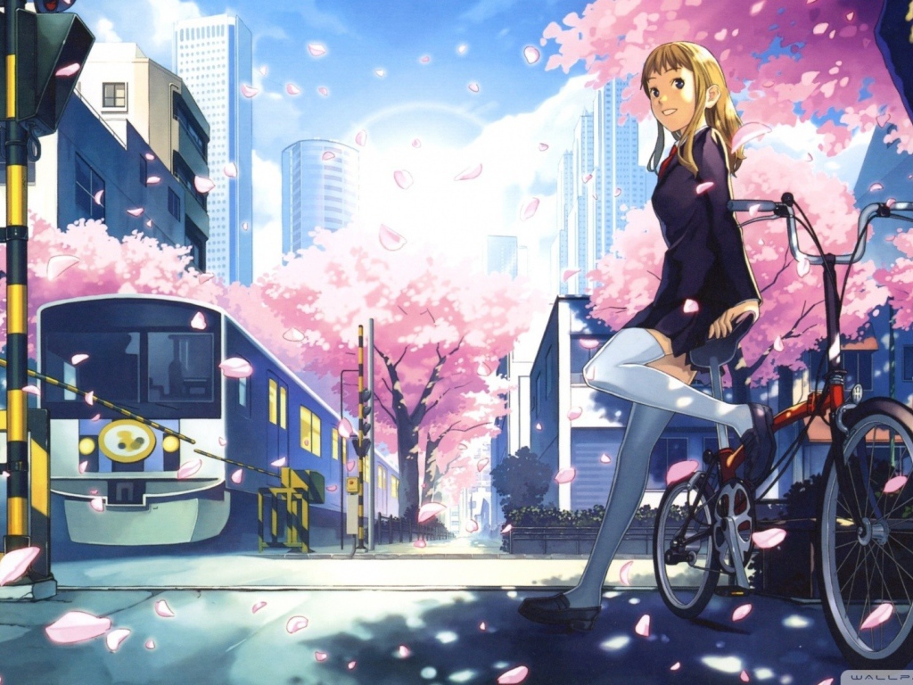 Аниме девушка на велосипеде у переезда