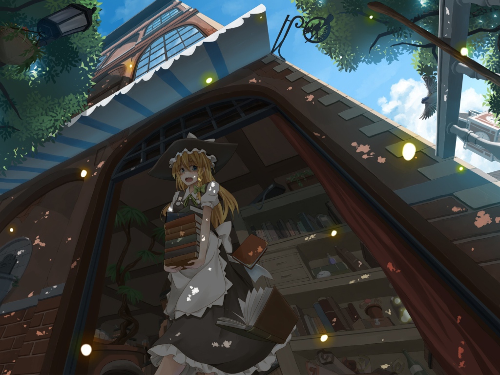 Девушка аниме со стопкой книг