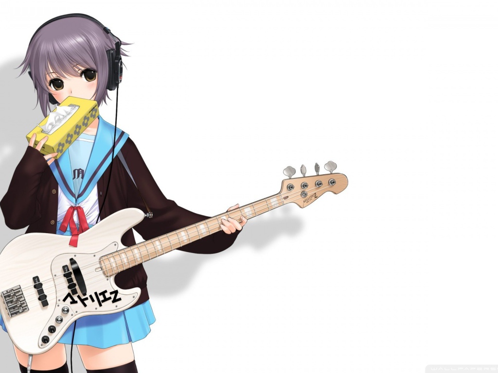 Девушка аниме с гитарой и в наушниках