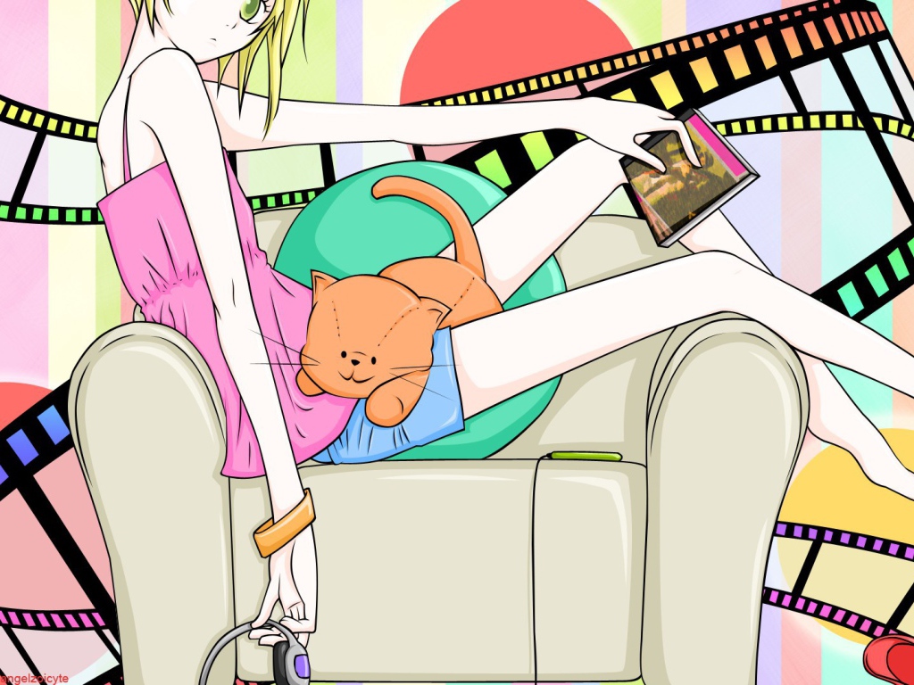 Девушка аниме с рыжим котом на коленях