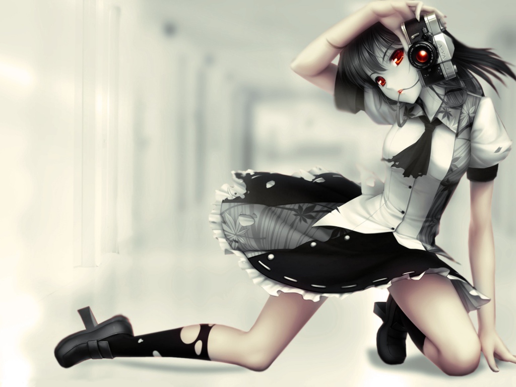 Аниме девушка с красными глазами и фотоаппаратом