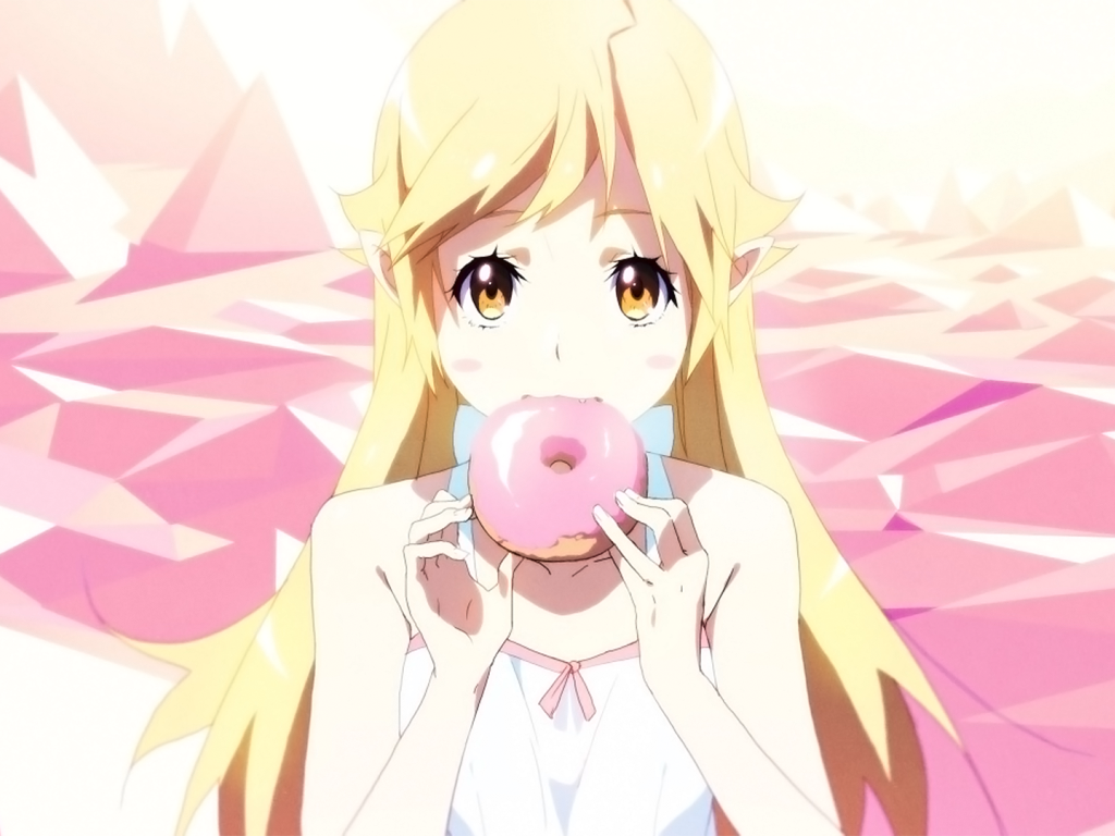 Светловолосая девушка аниме ест розовый пончик