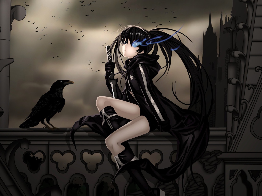 Девушка и ворон в аниме Insane Black Rock Shooter