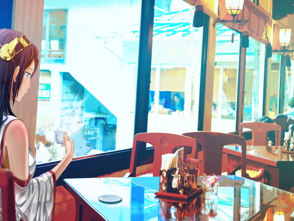 Девушка в кафе в аниме Kantai Collection