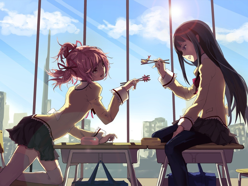 Девушки кушают свой обед, Девочка-волшебница Мадока