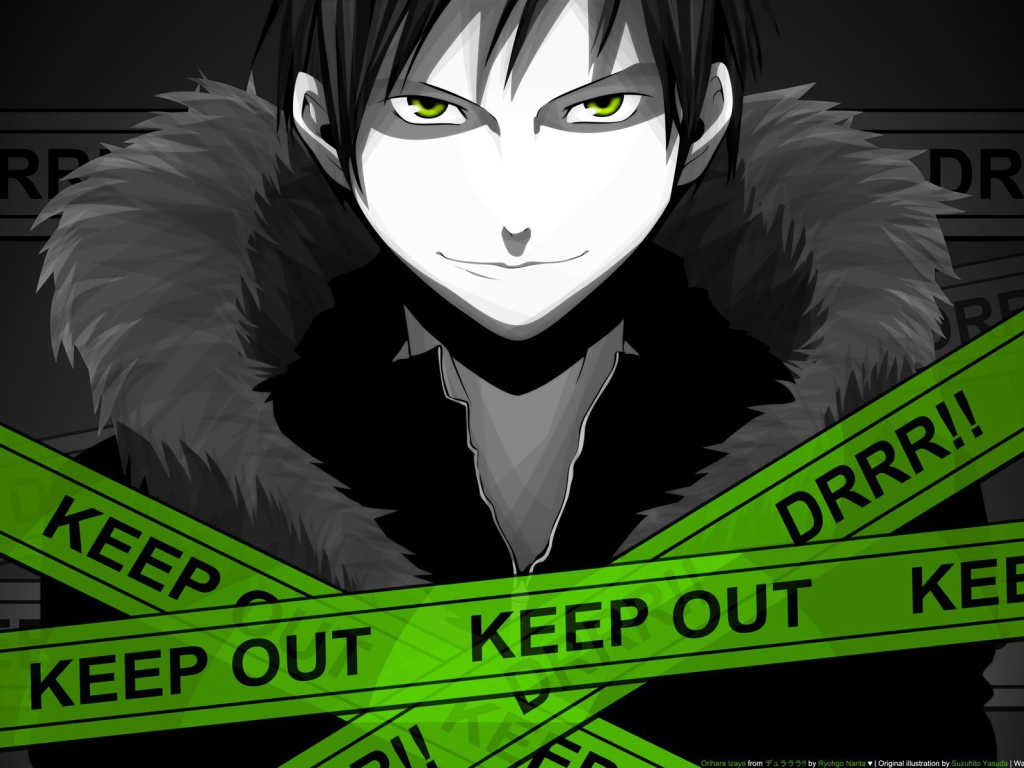 Герой аниме Дюрарара!! позади полицейских ленточек