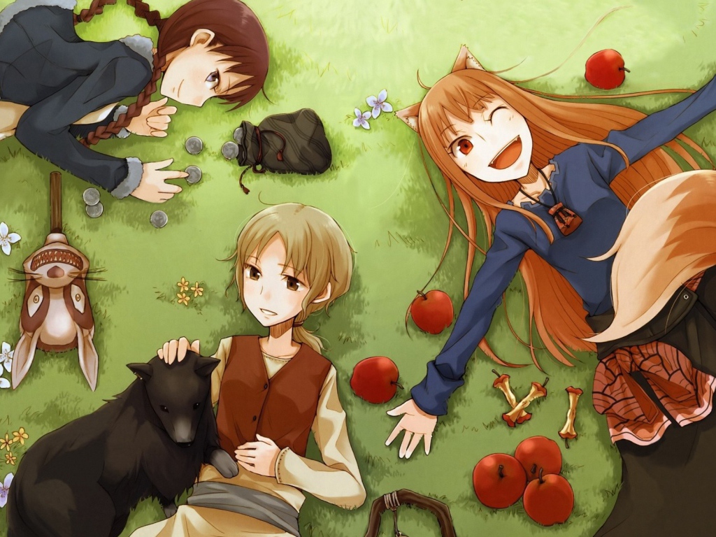 Герои аниме Волчица и пряности лежат на траве