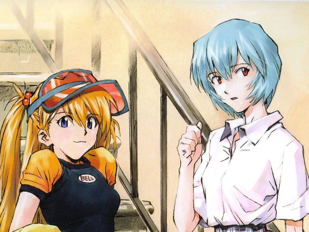 Рыжая девушка и парень из аниме Neon Genesis Evangelion