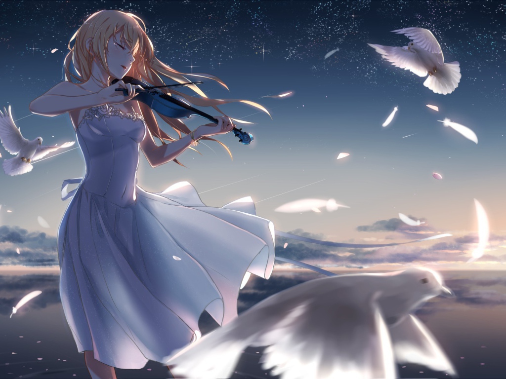 Девушка играет на скрипке среди голубей, аниме
