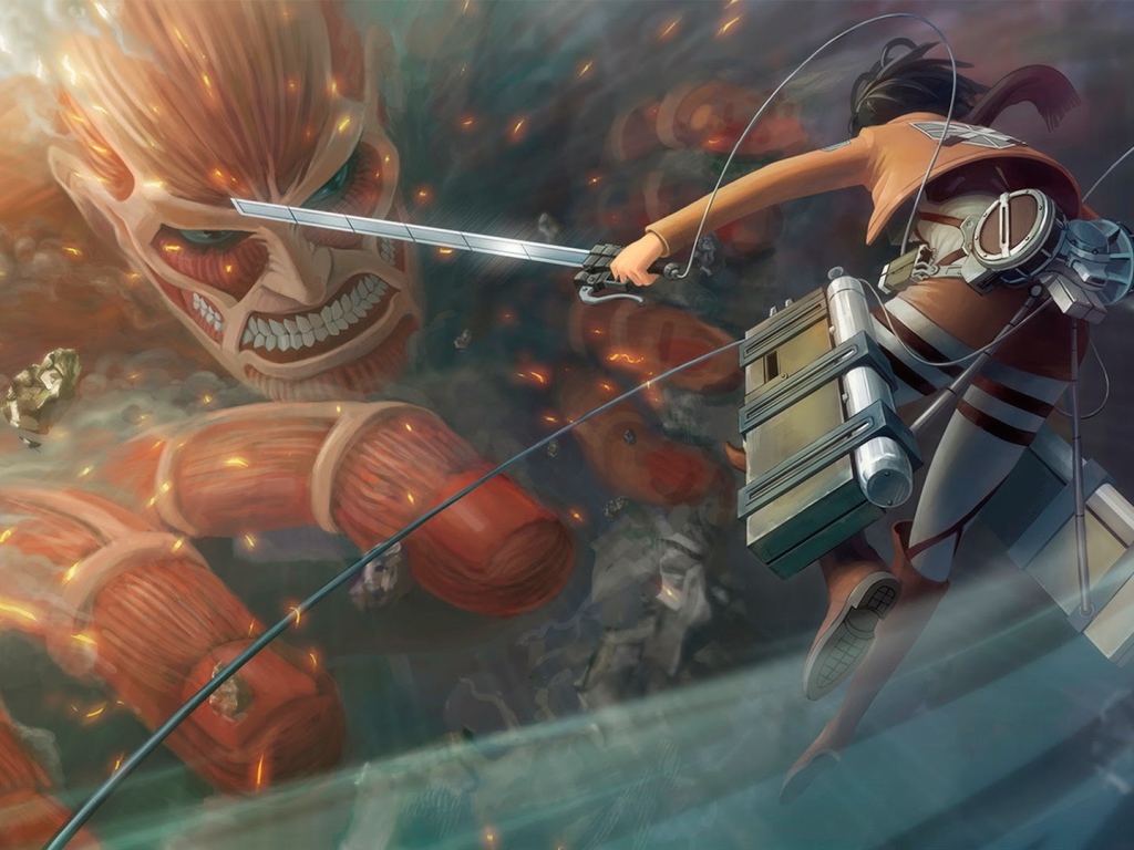 Сражение с монстром в аниме Shingeki no Kyojin