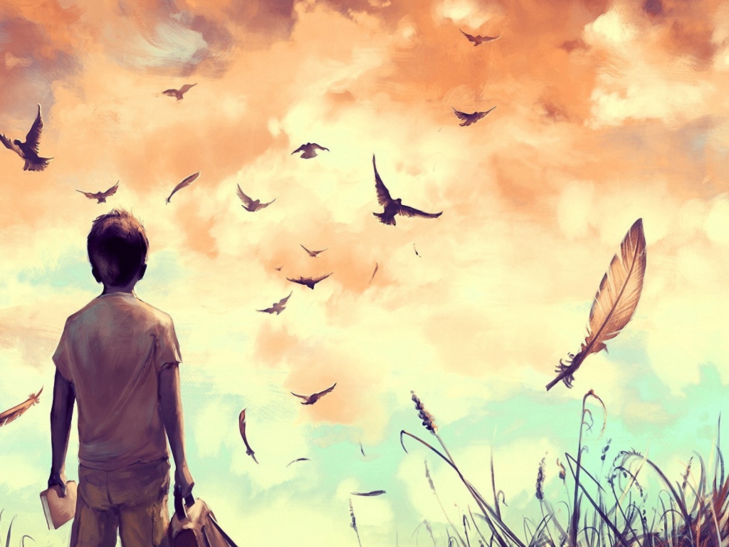 Мальчик смотрит на птиц