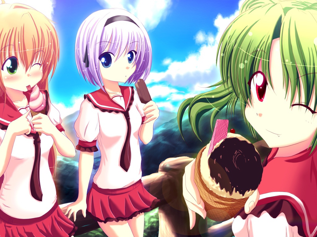 Девушки кушают мороженое в аниме Мост в звездное небо