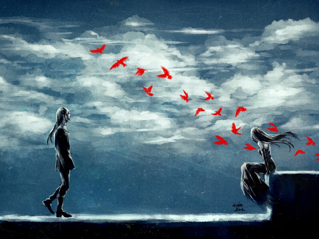 Двое смотрят на стаю красных птиц, аниме