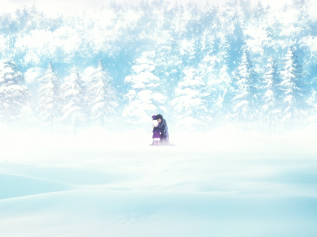 Зимний лес в горах, аниме Ночь прибытия