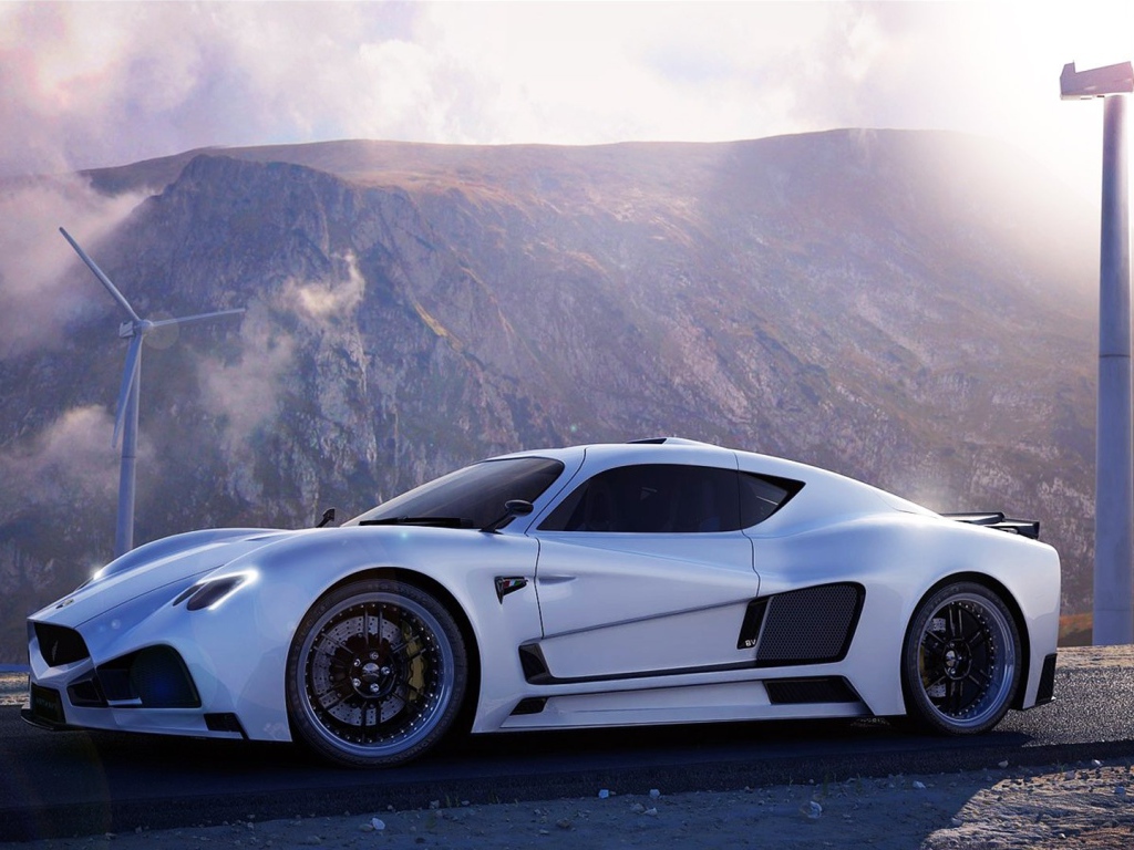Авто Mazzanti Evantra V8 на фоне ветряков