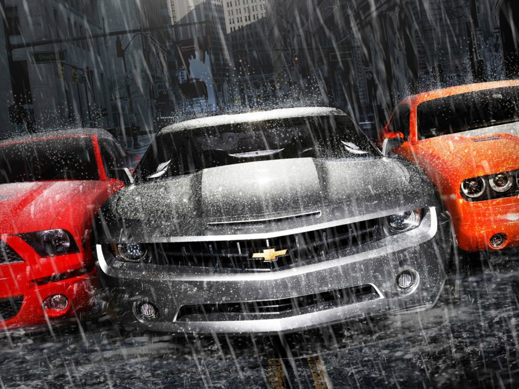 Мощные автомобили под дождем