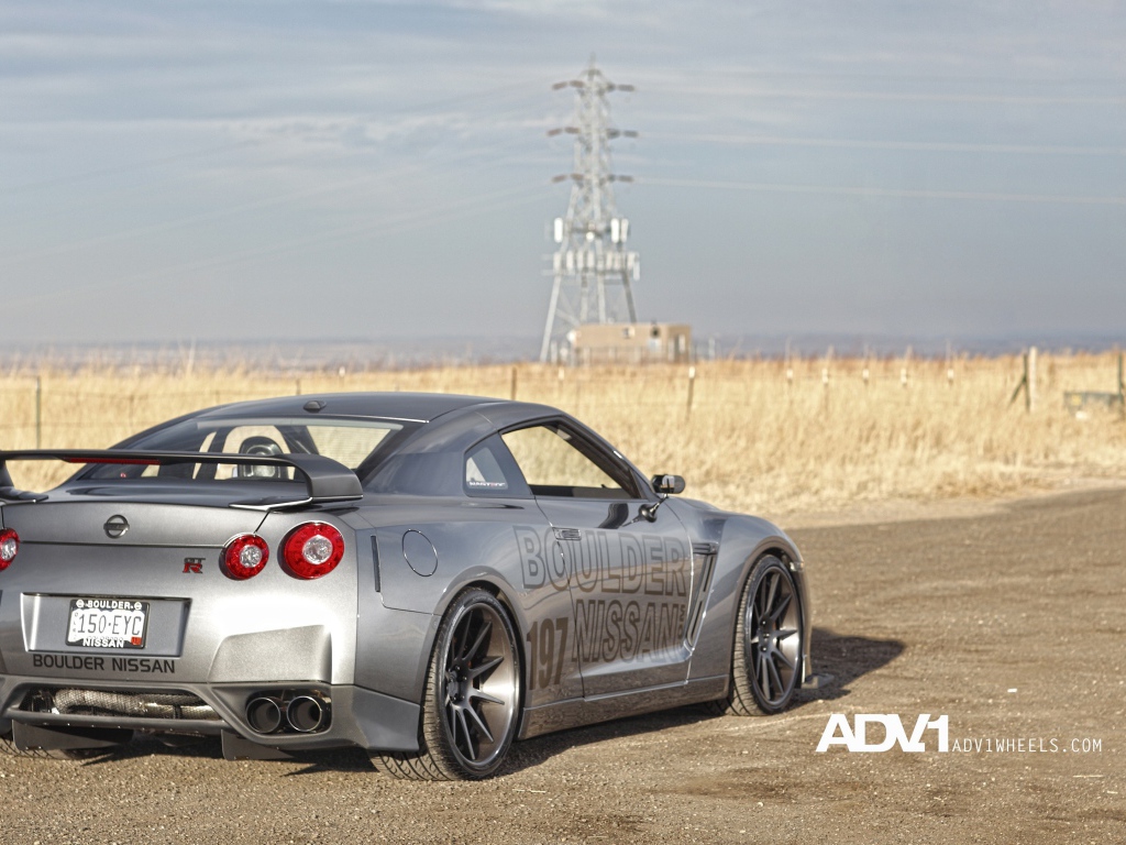 Серебристый спортивный Nissan GT-R на фоне поля