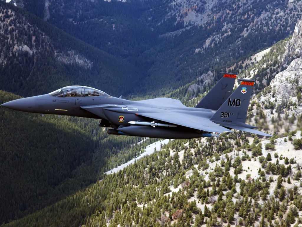 Истребитель F-15 Eagle над горным лесом
