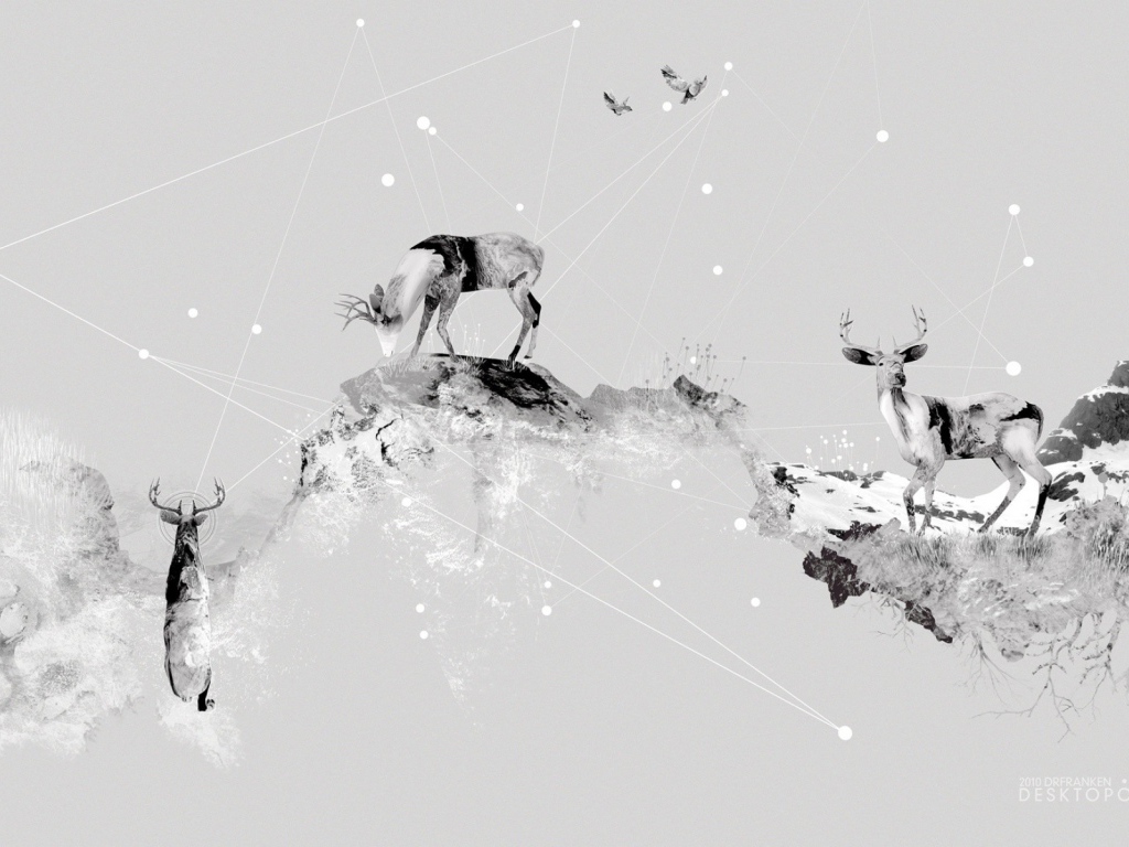 Олени в горах, серый фон