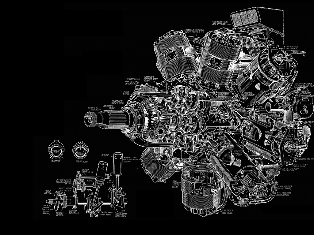 Чертеж мощного двигателя на черном фоне
