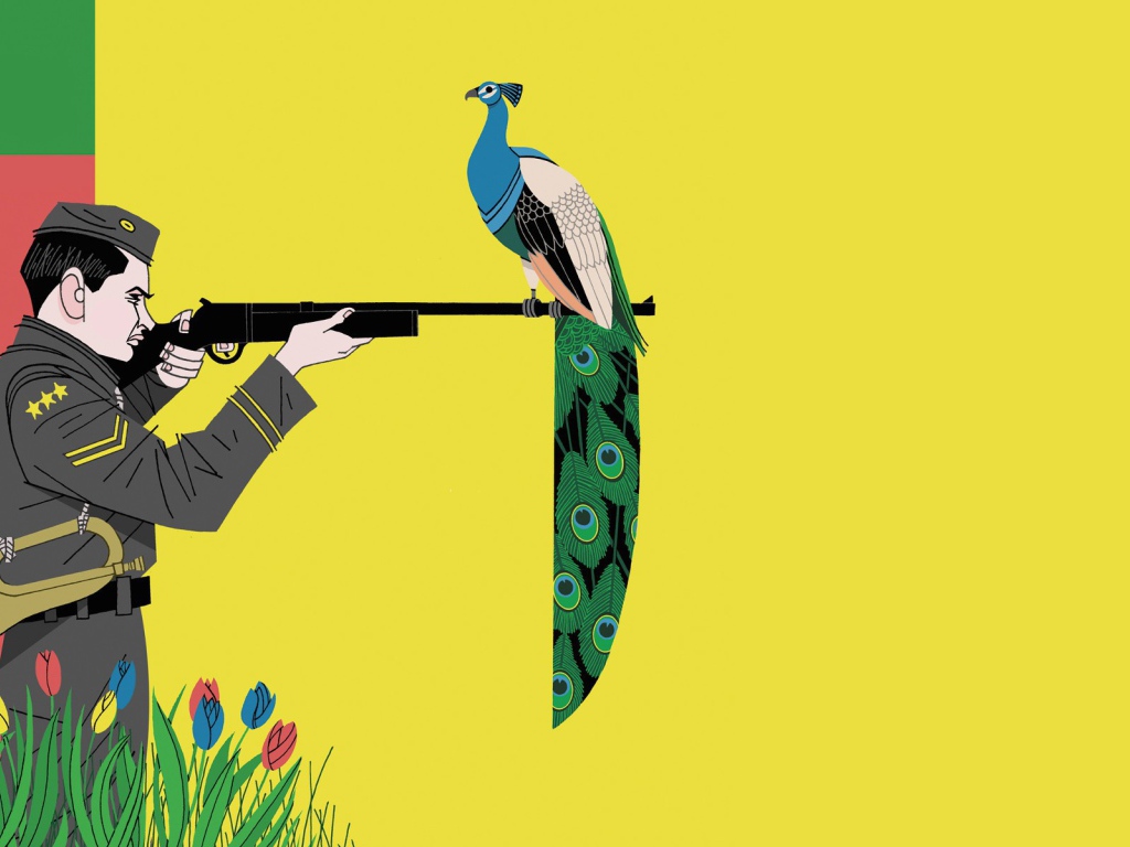 Фазан на ружье охотника, желтый фон