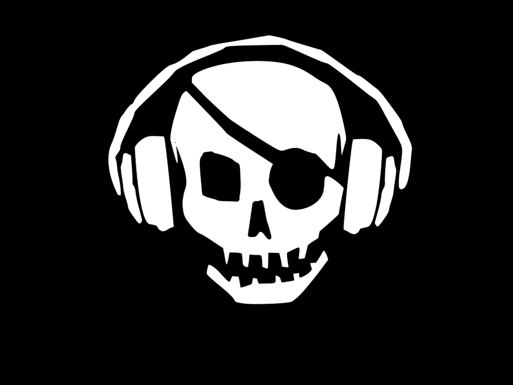 Череп пирата в наушниках, черный фон