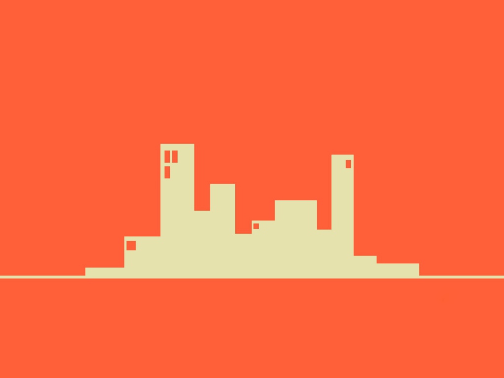 Силуэты зданий, оранжевый фон