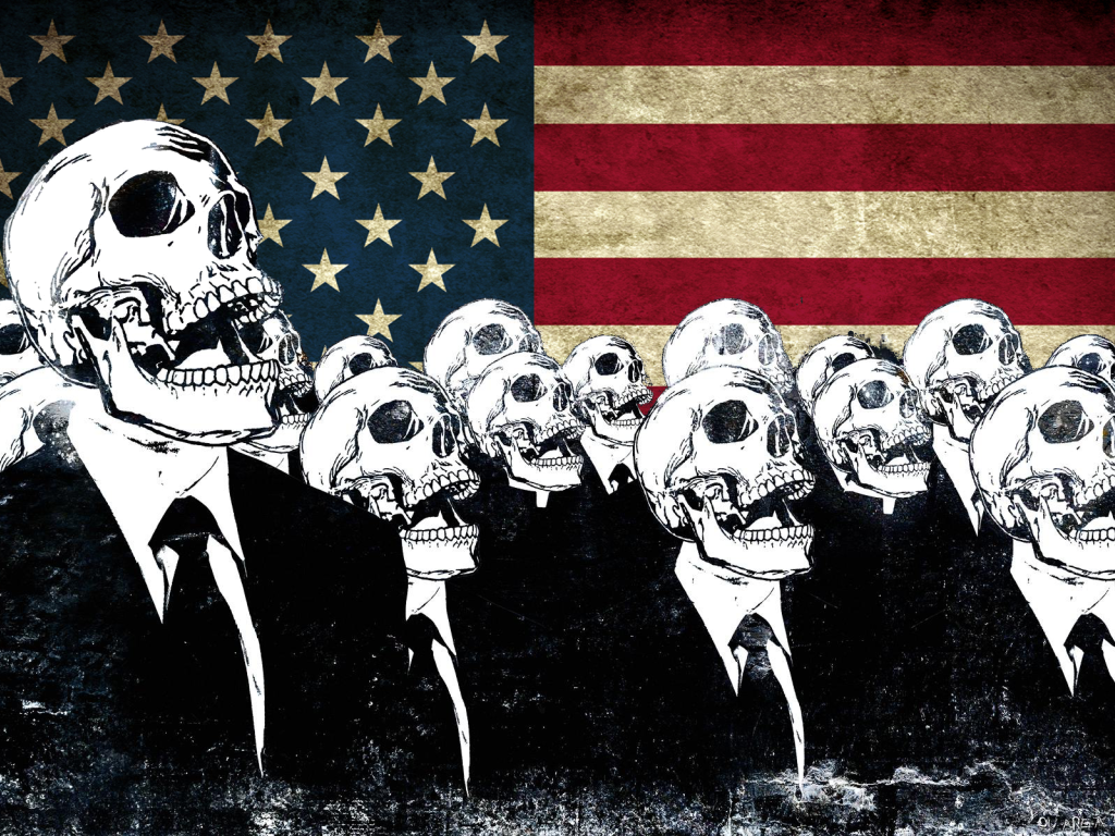 Скелеты в костюмах на фоне флага США