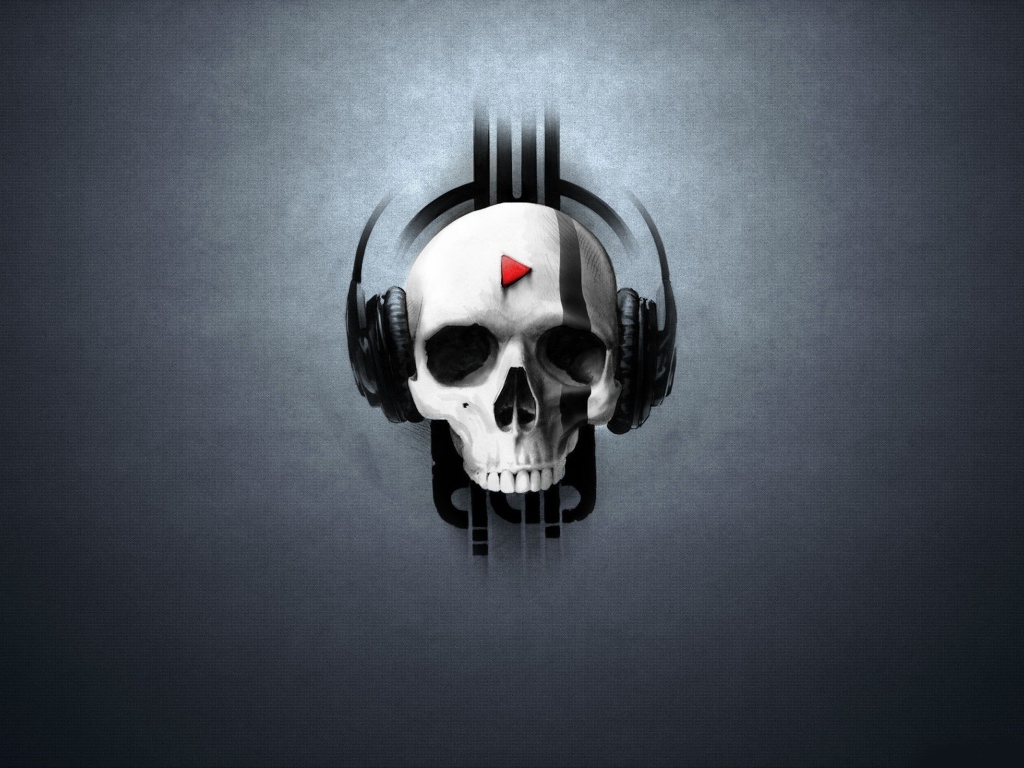Череп в наушниках, серый фон