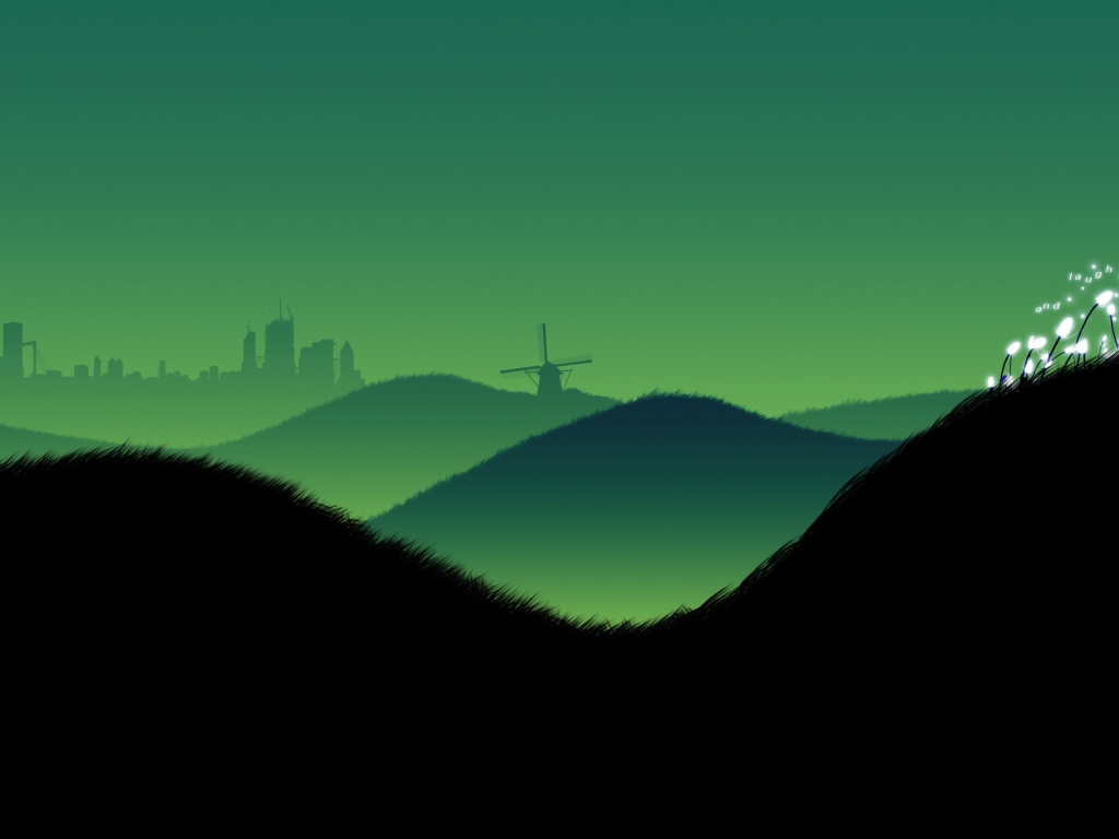 Ветряк на холме, черно зеленый фон