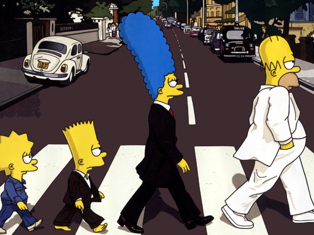 Семья Симпсонов в костюмах переходит дорогу