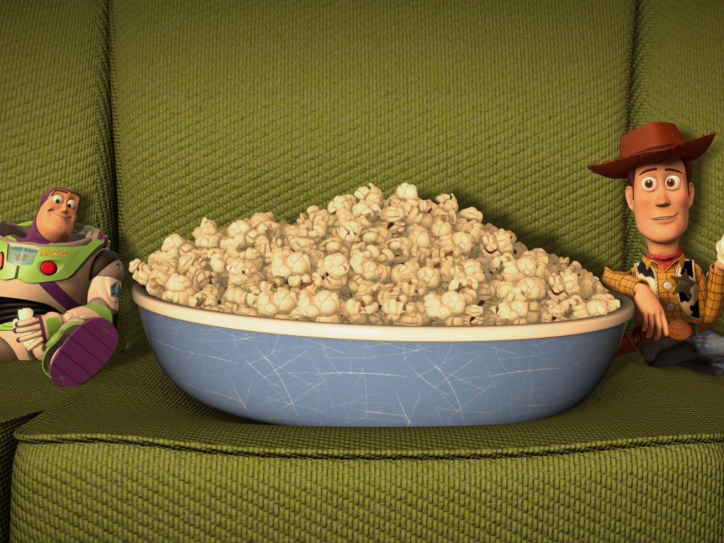 Персонажи мультфильма История игрушек кушают попкорн