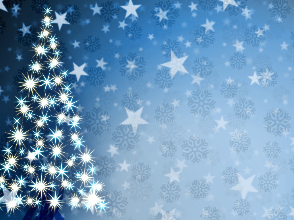 Елка на фоне звезд и снежинок