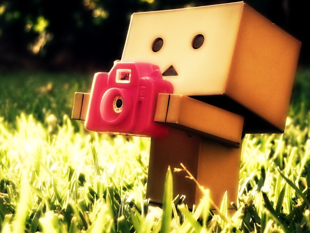 Картонный человечек с фотоаппаратом в траве