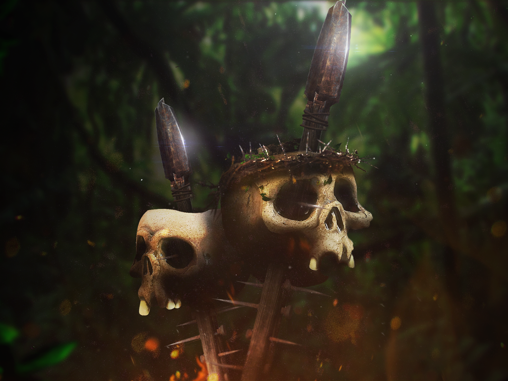 Черепа на копьях в джунглях