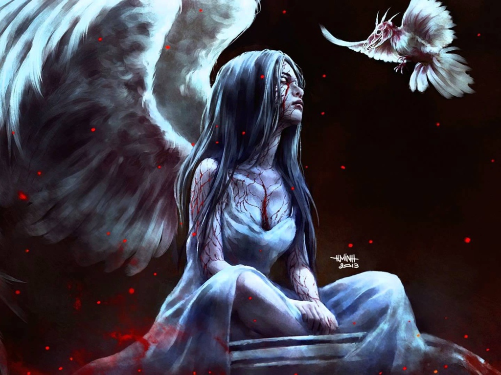 Фентези птица подлетела к девушке, художник NanFe