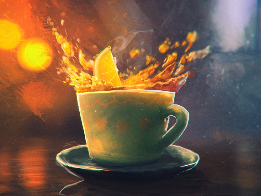 Долька апельсина падает в чашку, рисунок