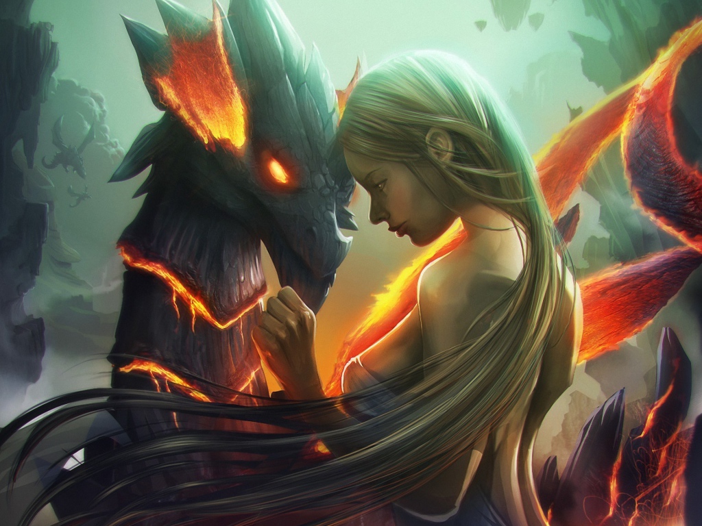 Длинноволосая девушка и дракон