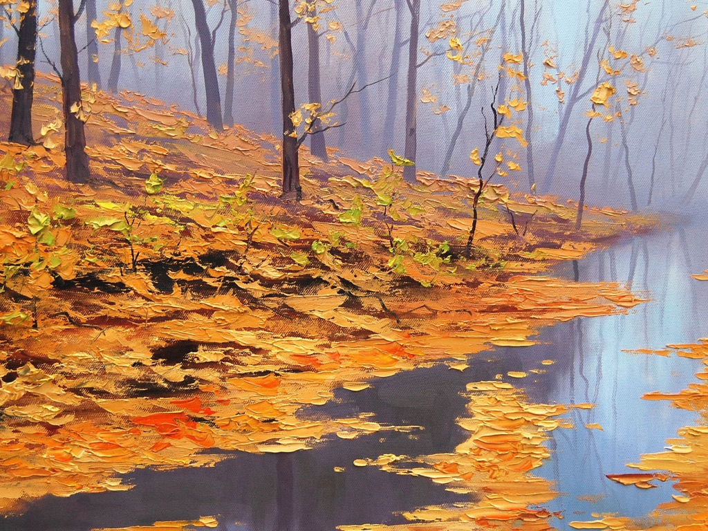 Желтые листья в ручье, картина