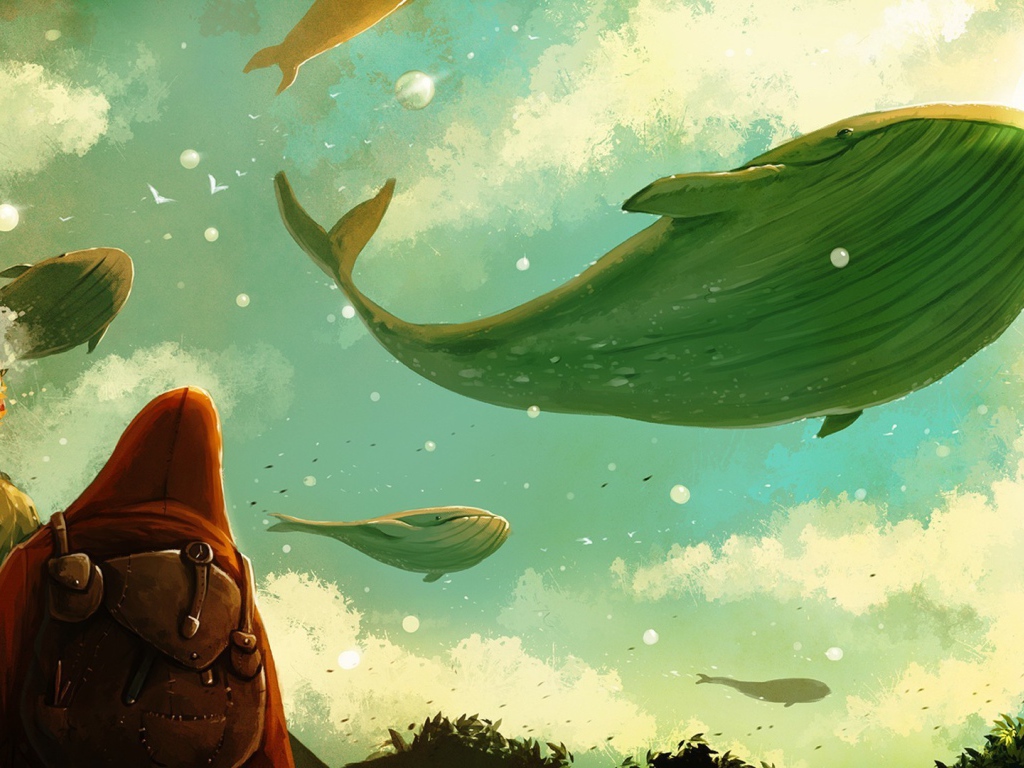 Стая китов пролетает в небе