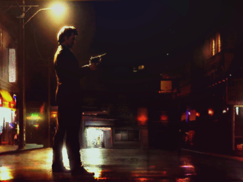 Мужчина с пистолетом на ночной улице