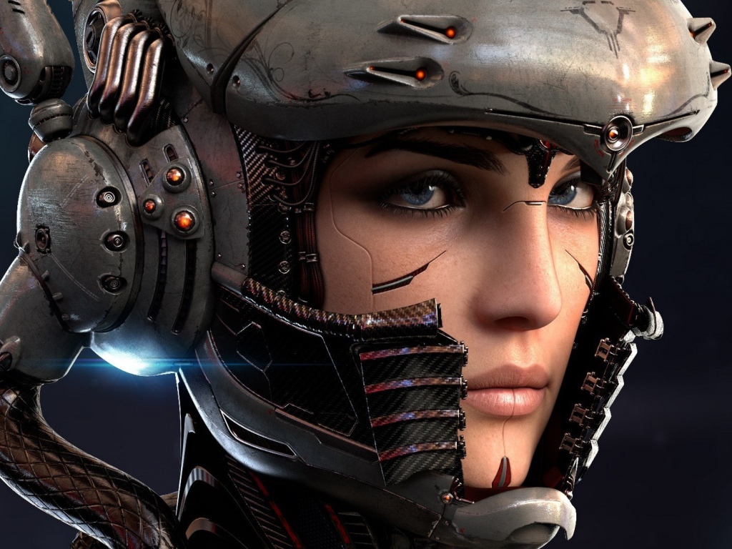 Голубоглазая девушка киборг в шлеме