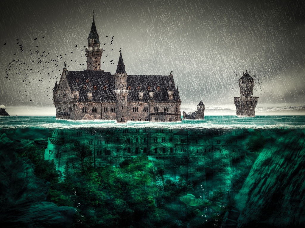 Замок тонет в воде всемирного потопа