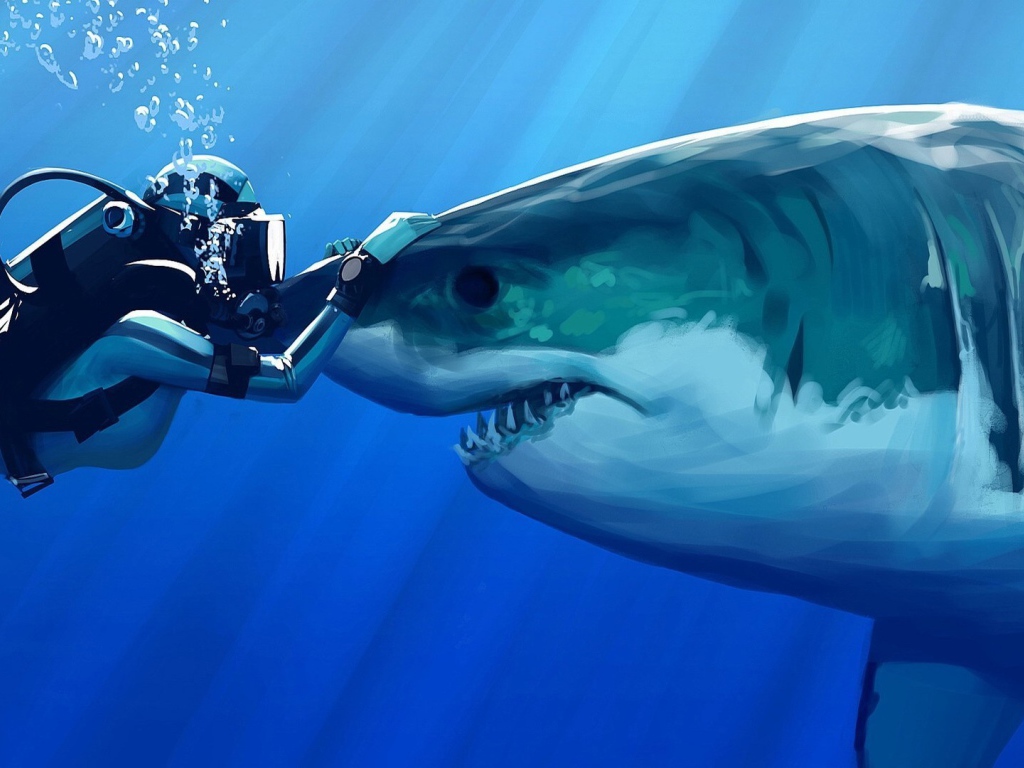 Дайвер гладит акулу