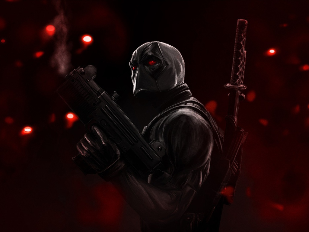 Злой персонаж Дэдпул на красном фоне